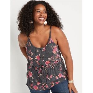 Maurices Charcoal Floral Ribbed Camisole Tank with Pink Flowers